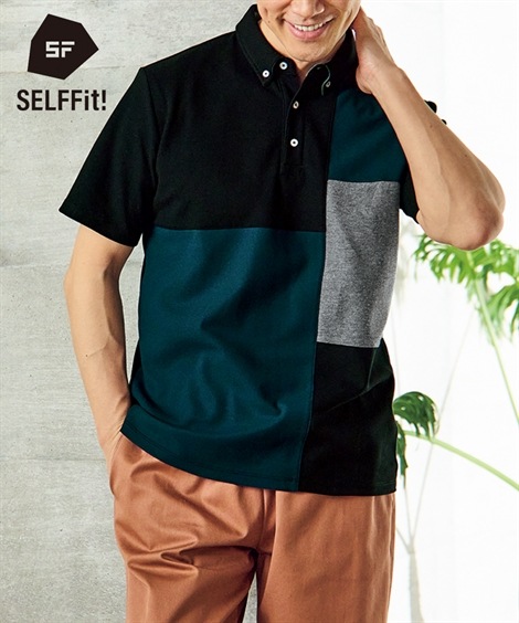 ポロシャツ 半袖切替デザインカノコポロシャツ【３L以上お腹ゆったり】 黒グリーン系 ネイビーオフホワイト系