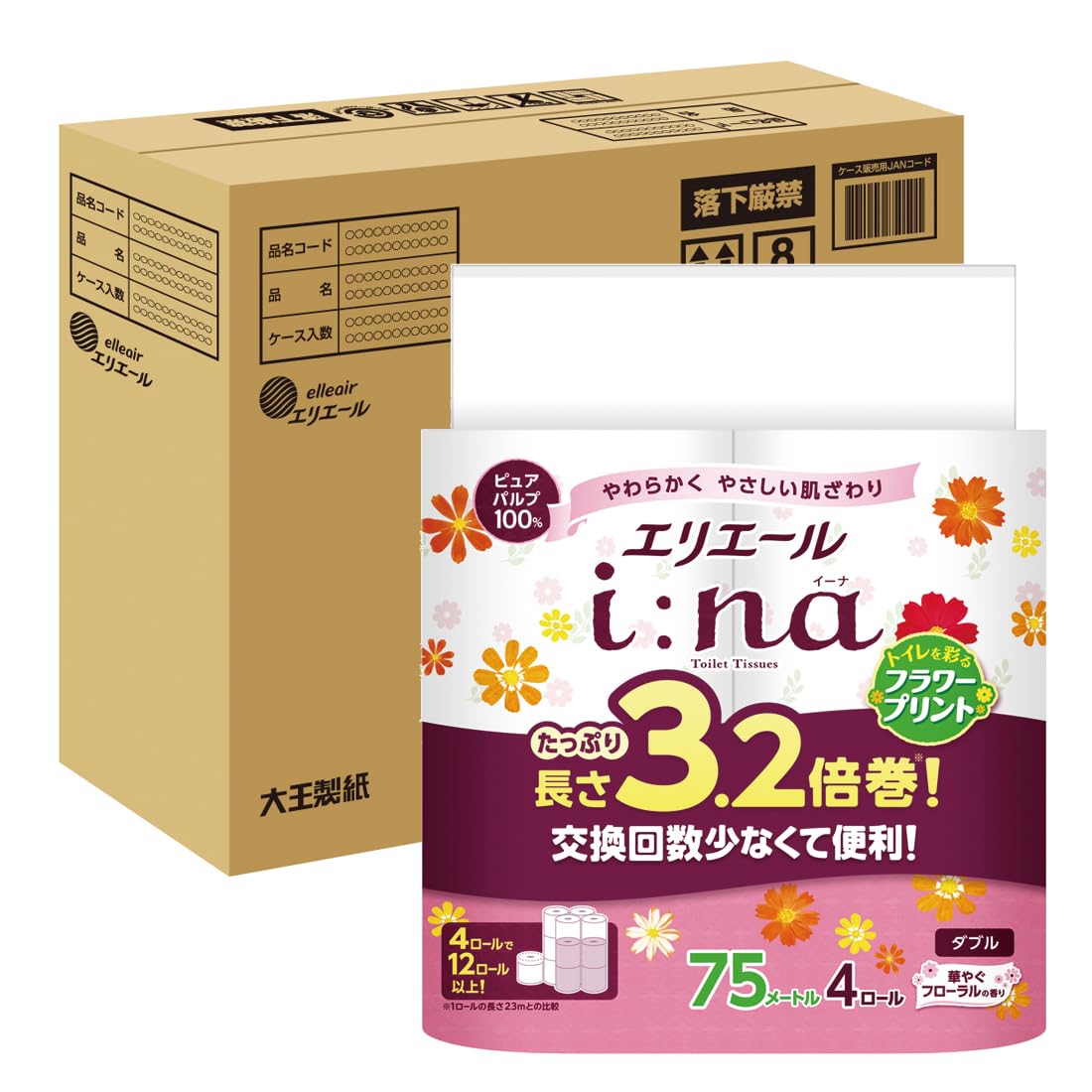 エリエール トイレットペーパー i:na(イーナ) フラワープリント 3.2倍巻き 75m×32ロール(4ロール×8パック) ダブル パルプ100% 華やかなフローラルの香り 【ハーフケース】