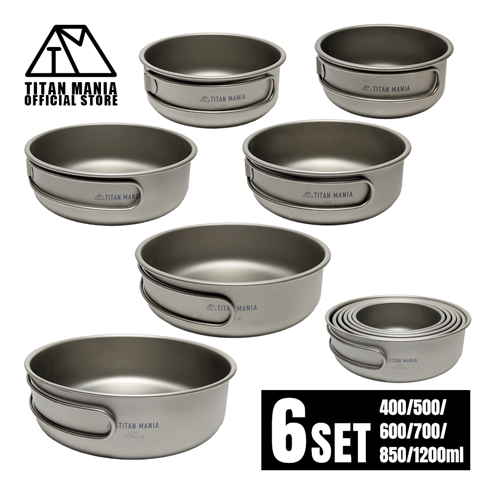 クッカー 6点セット チタン製 全てのサイズが綺麗にスタッキング出来る 軽量 頑丈 直火 コンパクト 折りたたみハンドル 400ml 500ml 600ml 700ml 850ml 1200ml