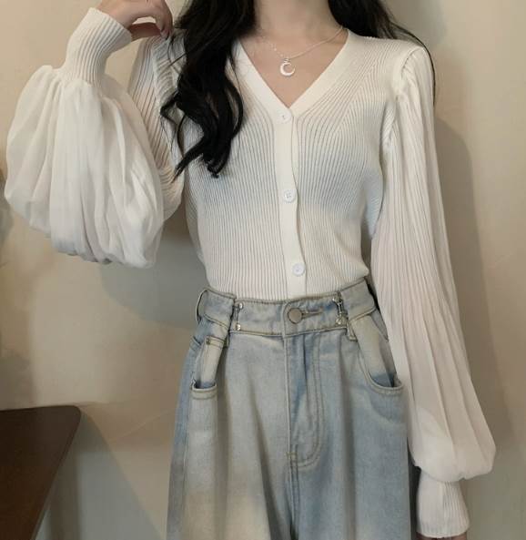 レディース トップス カーディガン ショート 長袖 ボリューム袖 ランタンスリーブ Vネック 前開き 細身 ニット 大人可愛い きれいめ シンプル カジュアル おしゃれ ガーリー ルーズ エレガ