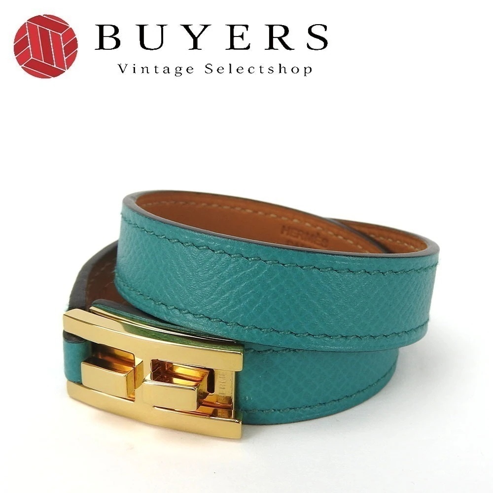 中古 【美品】エルメス バングル ブレスレット ドラッグ ドゥブルトゥール エプソン アクセサリー 小物 ゴールド エメラルドグリーン GP メッキ レディース 女性 hermes bangle ac