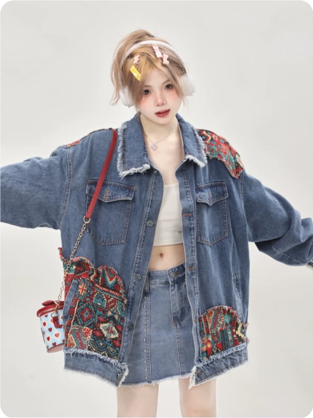 ダメージデニムリペアジャケット レトロ ボヘミアン カップルの服 ヒップホップ スタイル デニム ジャケット