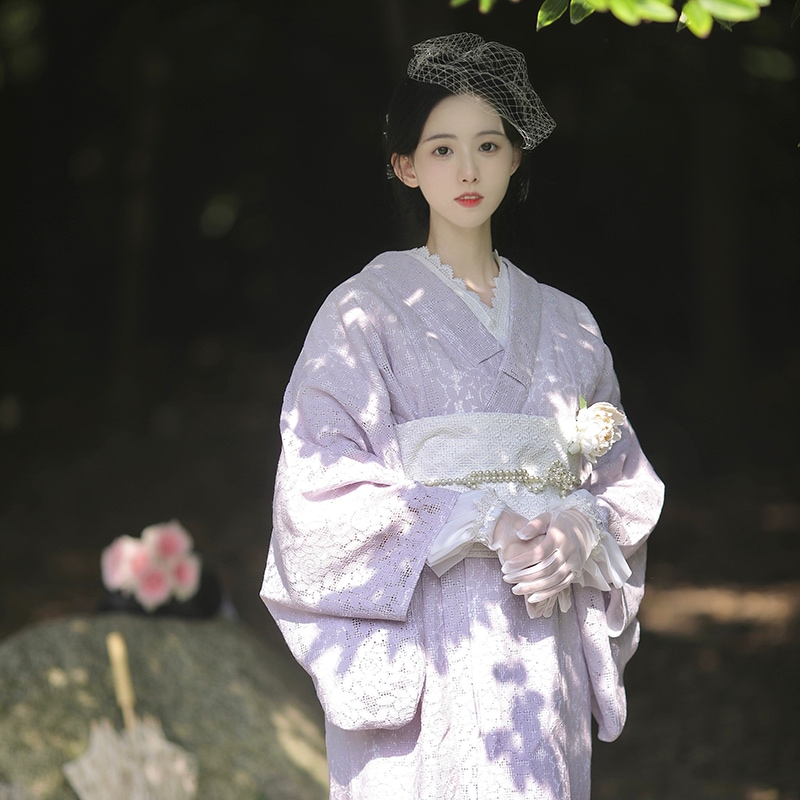 山鳥 高級レース 大正浪漫風 改良着物撮影写真 女の子レトロドレス 薄紫