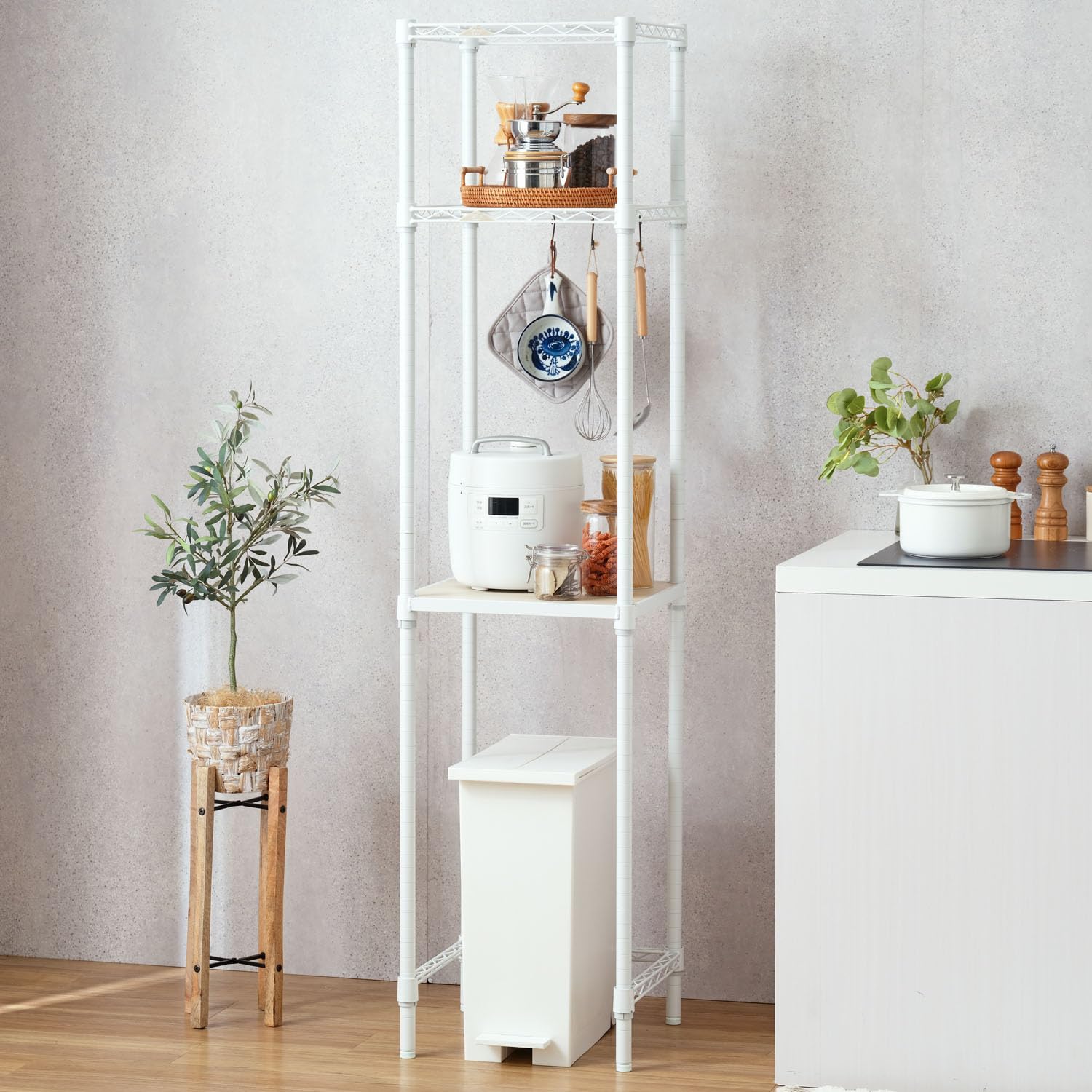 全国送料無料 ドウシシャ ルミナス キッチン 隙間収納ラック 幅41cm×奥行41.5cm×高さ174cm 耐荷重80kg ラテ ポール径25mm ラック2段 LL4018-KB ウッドシェルフ付き