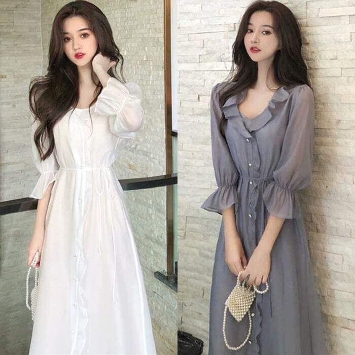ワンピース ラッフル フリル フレア ドレス レディース 袖あり エレガント きれいめ カジュアル ミモレ丈 長袖 大人 可愛い 透け感 ナチュラル Vネック 韓国 グレー ホワイト 白 春 夏 秋
