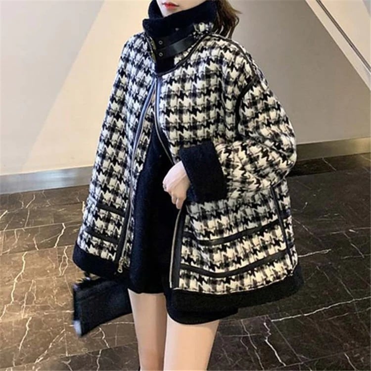 ラムズウール 厚手 冬 ジャケット 千鳥格子 騎士風 ライダース コート ボア ムートン メガ割