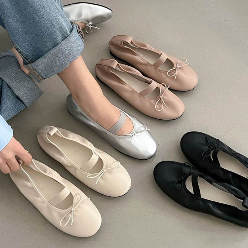 4color 安定感のある甲ゴムストラップ付き シンプル, ベーシックな 無地 リボン付き ラウンドトゥ ローヒール デイリー バレエシューズ．フラットシューズ