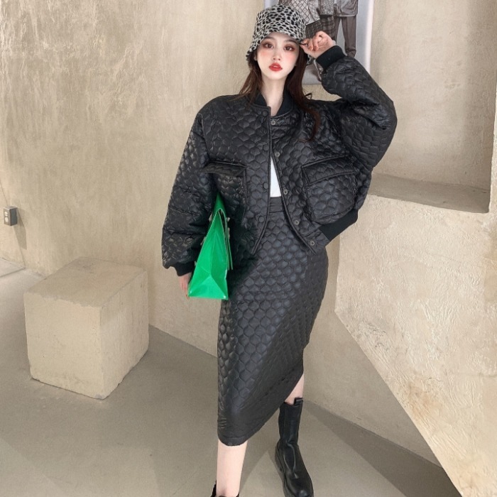 【セットアップ】キルティング ジャケット＋ミドル丈 スカート コットンジャケット レトロ ツーピース ２カラー a2415