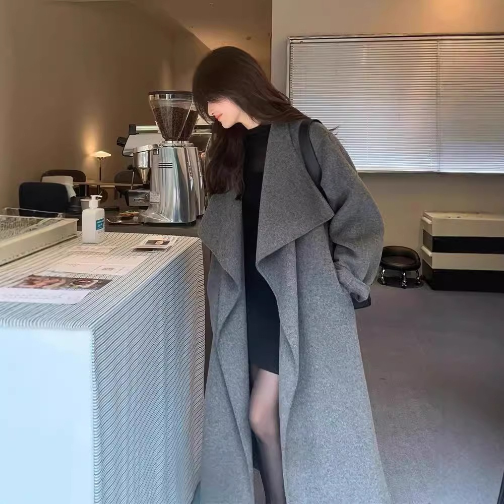 大きなの両面ウールコートレースアップ付き超ロングベルト付きバスローブ女性用ウール厚手のロングコート