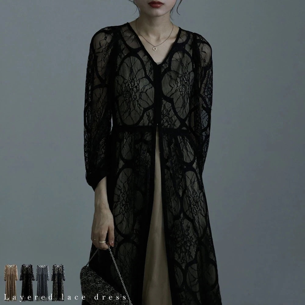 【即納】レイヤードレースドレス ワンピース ワンピ ドレス オケージョン フォーマル レース 長袖 ロング ロングワンピ ロングドレス マキシ オケワンピ 結婚式 二次会 パーティー