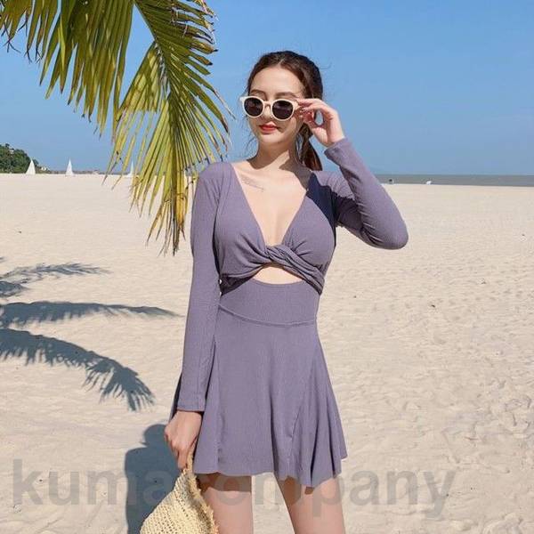 水着 ワンピース レディース ワンピース水着 体型カバー 長袖 大きいサイズ 白 韓国 ママ フロントクロス スカート フリル ハイウエスト 露出控えめ ぽっちゃり フレア 上品 20代 30代 40