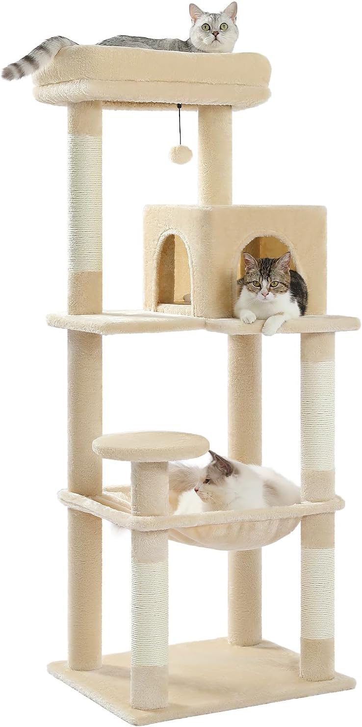 キャットタワー 猫タワー スリム 大型猫 据え置き 省スペース 登りやすい ハンモック 見晴台 ねこハウス ボンボン 天然麻紐 爪とぎ 運動不足解消 多頭飼い ベージュ 高さ143cm