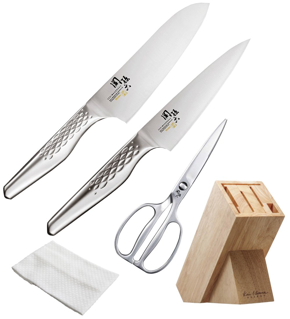 【セット】貝印 関孫六 匠創 三徳165mm + ペティナイフ120mm + キッチンハサミ + ナイフブロック ふきん付 [AB-5156AB-5163DH-3345AP-5321]