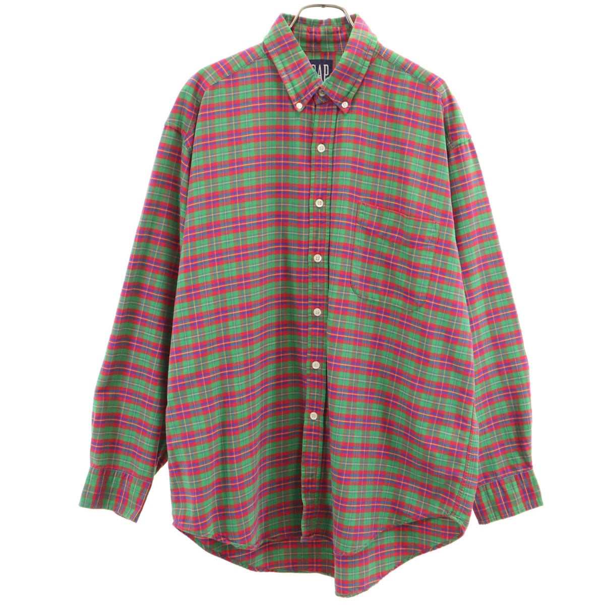 90s オールド チェック柄 長袖 ボタンダウンシャツ L グリーン メンズ 古着