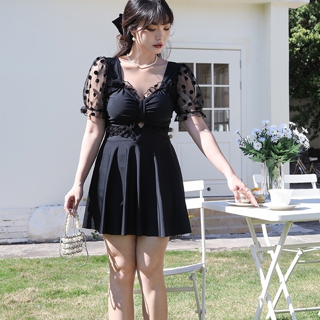 水着 スイムウエア ワンピース ワンピース水着 半袖 シースルー 胸元 フリル ノンワイヤー パット付き ハイウエスト スカート 伸縮性 かわいい 大人可愛い きれいめ シンプル カジュアル 大人