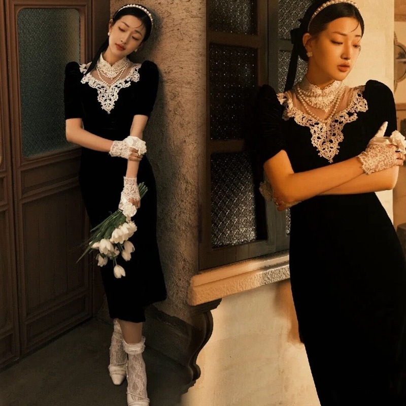 スタジオのテーマの服のウェディングドレスヴィンテージ写真黒ドレス
