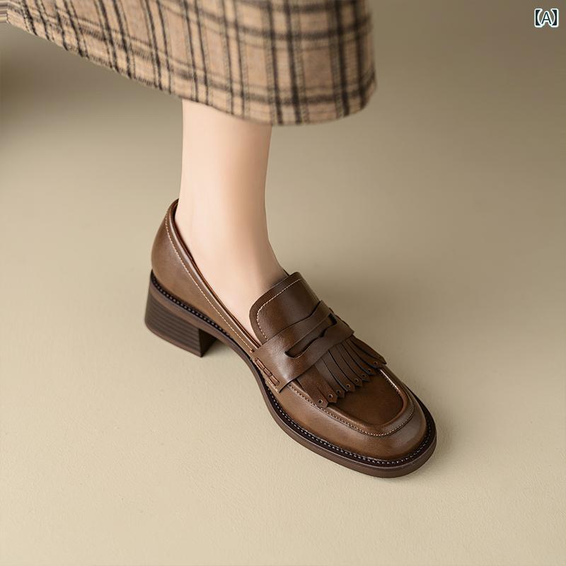 ローファー レディース 通学 通勤 学生 カレッジ 仕事 オフィス 春秋最上層 牛革 ブラウン タッセル ラウンドトゥ 女性 ミディアム ヒール 太い ヒール 英国 靴 8,217円