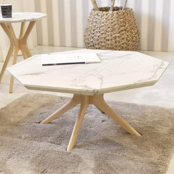 ローテーブル 八角形 大理石調天板 天然木フレーム モダンデザイン Collet 幅75cm テーブル リビング センターテーブル 高級感 机 座卓 リビングテーブル 大理石柄 マーブル