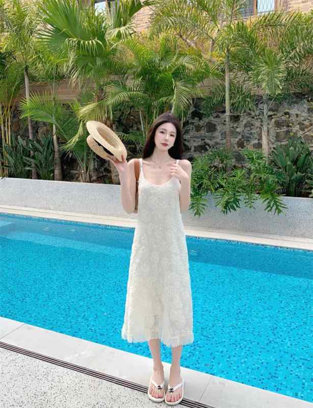 ワンピース レース フリンジ サスペンダー ドレス レディース スリム 優しい ミディアム丈 Aライン スカート カジュアル エレガント リゾート ビーチ 涼感