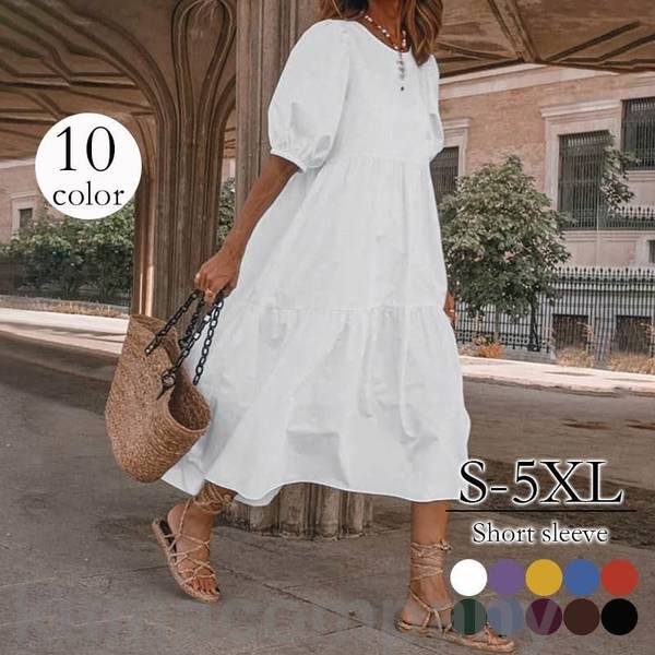 マキシワンピース半袖 無地 夏ワンピース ゆったり 綿麻ワンピース 体型カバー 夏物 ロングワンピース シンプル おしゃれ 大きいサイズ 5,188円