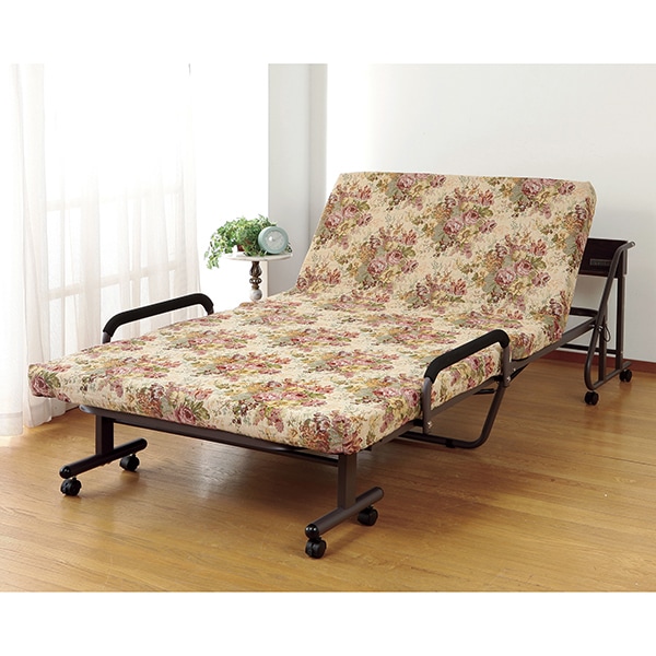 ファミリーライフ 木製棚付き収納式リクライニングベット 手動タイプ ゴブラン柄 コンセント付(0255710) メーカー直送