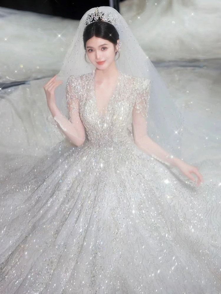 重工業 長袖 ウェディングドレス 花嫁 2025年新作 メインヤーン レトロ Vネック ドレス スカート 大きいサイズ 秋冬