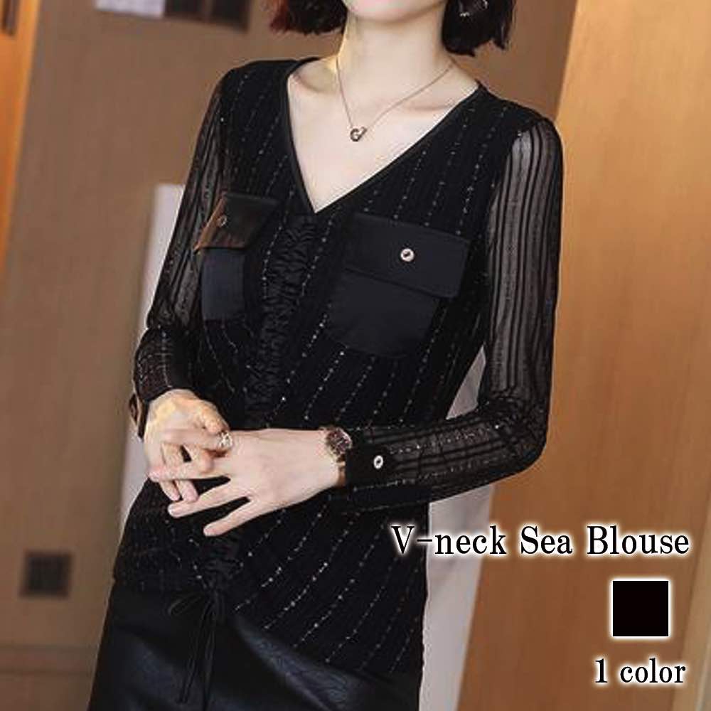 ブラウス レディース Vネックシアーブラウス 事務服 フリル 高品質 Tシャツ 春 スーツ ボウタイ ワンピース 人気 ノーアイロン 秋 きれいめ 白 オフィス 50代 冬 安い ブランド 長袖 シャ