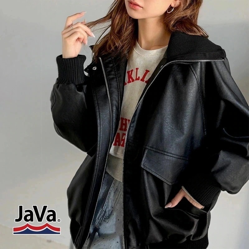 javaジャバコラボ レザージャケットレディース アウター レイヤード衿 比翼デザイン ヴィンテージ調 カジュアル 高級感 フェイクレザー ラグランスリーブ 袖タック ゆったりシルエット 大
