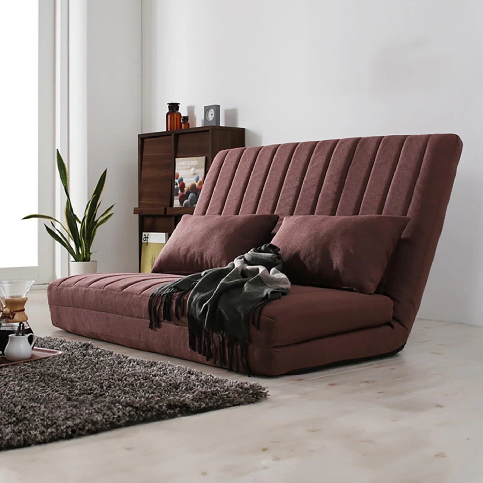 ローソファー 2人掛け ソファーベッド 幅120cm セミダブル ワイド 3WAY 座椅子 ハイバック リクライニング／ ブラウン ファブリック