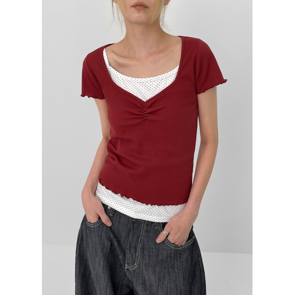 ブラックアップペベルスクエアネックシャーリングフリル半袖Tシャツ 5,100円