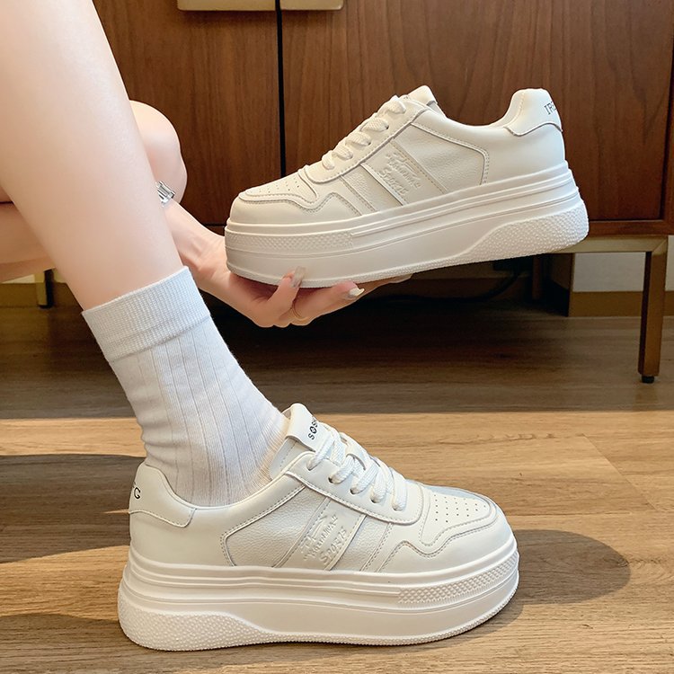 【急速出荷!】女性用超軽量厚底本革白靴2024秋新作多用途通気性スニーカー運動靴カジュアルシューズを高める
