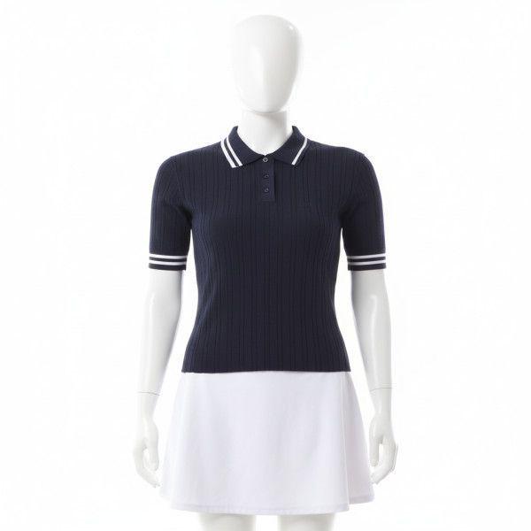 GFORE COTTON-BLEND RIBBED SHORT SLEEVE SWEATER POLO G4LF23S800-TWLT 女性用コットンリブ編み半袖セーター