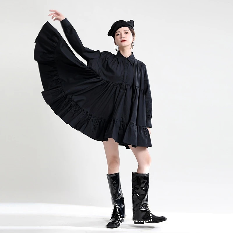 春物レトロ長袖シャツワンピースフレアシルエットゆったり無地スカート