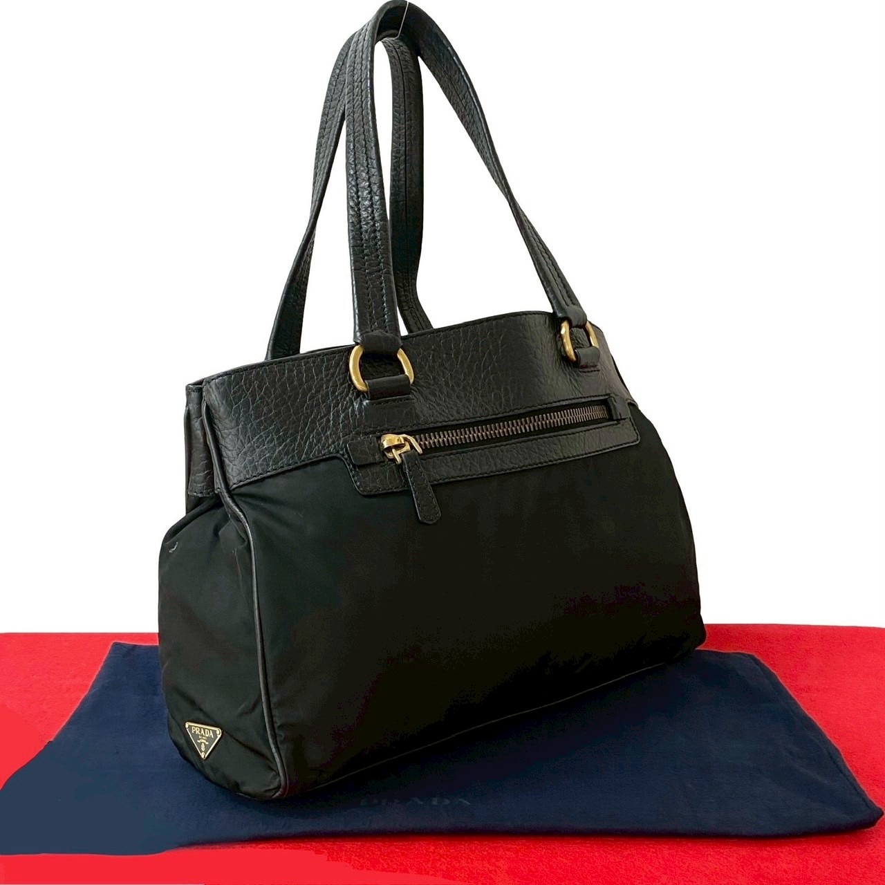 三角ロゴハンドバッグ レザー ナイロン ブラック l89-8