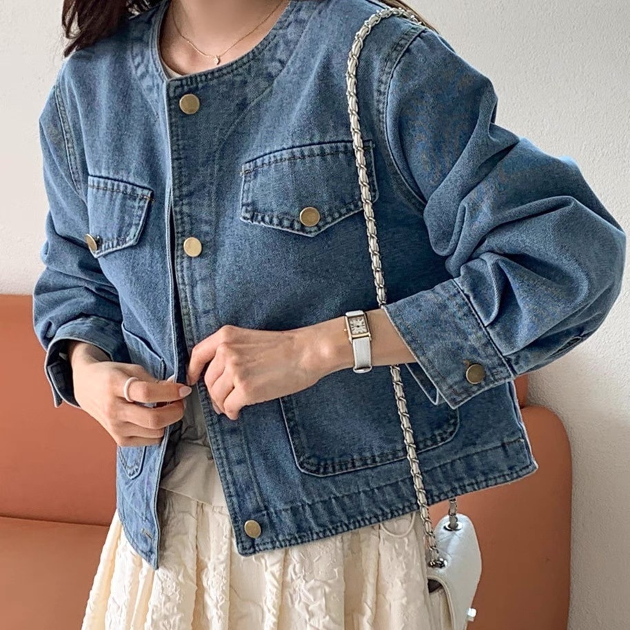 ノーカラーデニムジャケット ノーカラーGジャン デニムジャケット Gジャン ブルー 青 水色 ライトブルー 黒 ブラック 韓国 オルチャン レディース ブルーデニム カラーデニム ブラックデニム