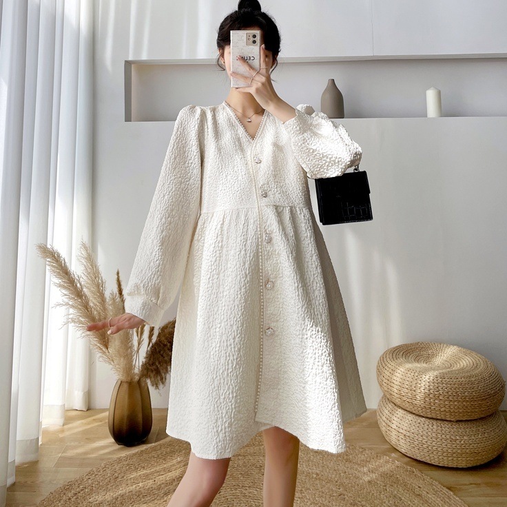 パール付きワンピース ワンピース ワンピドレス ミニ ミニ丈 膝上 長袖 ボリューム袖 Vネック