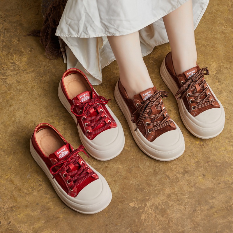 秋 丸型つま先イギリス風スニーカー深口レディースシューズ 牛革シューズ柔らかいソール紐締めファッションシューズ