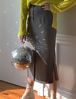 Herringbone Button Slit Midi Skirt Charcoal