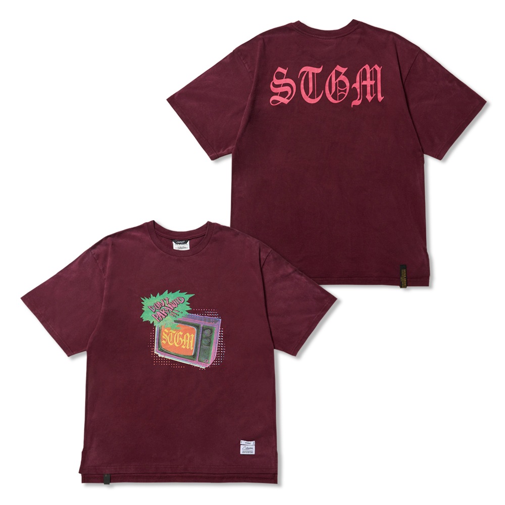 Paranoid TV Vintage-Like Washed Oversized Short Sleeves T-Shirts Burgundy