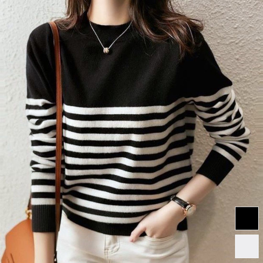 幅広いスタイリングにフィットするボーダーニット トップス プルオーバー カジュアル インナー ニット