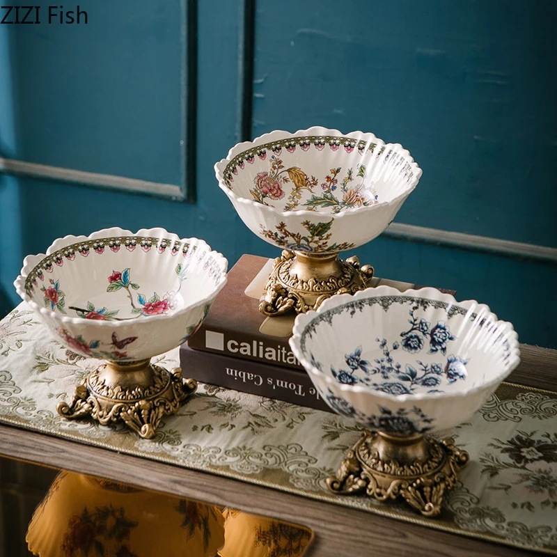 カラフルな花柄のフルーツボウル収納トレイスナックデザートプレート高足のフルーツプレートコーヒーテーブルトレイクラシック