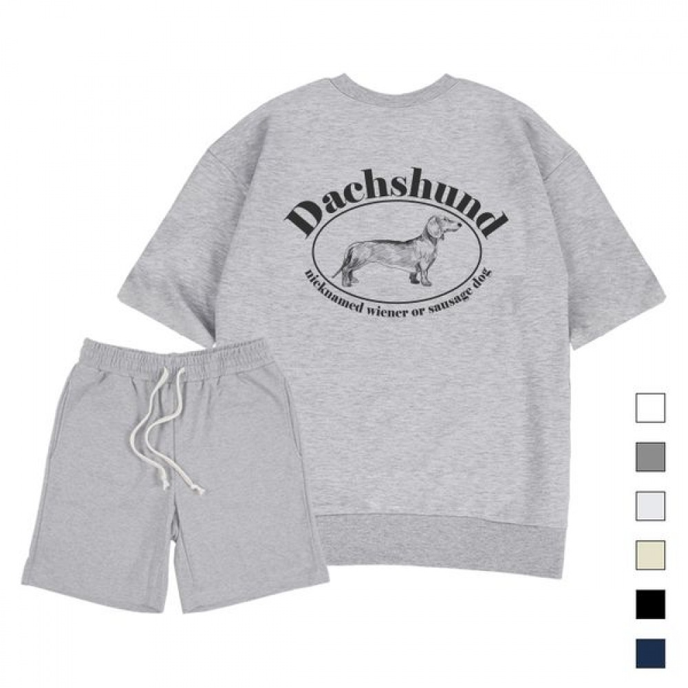 [Paul＆Paul] ダックスフンドオーバーフィット半袖スウェットシャツショーツセットユニセックス