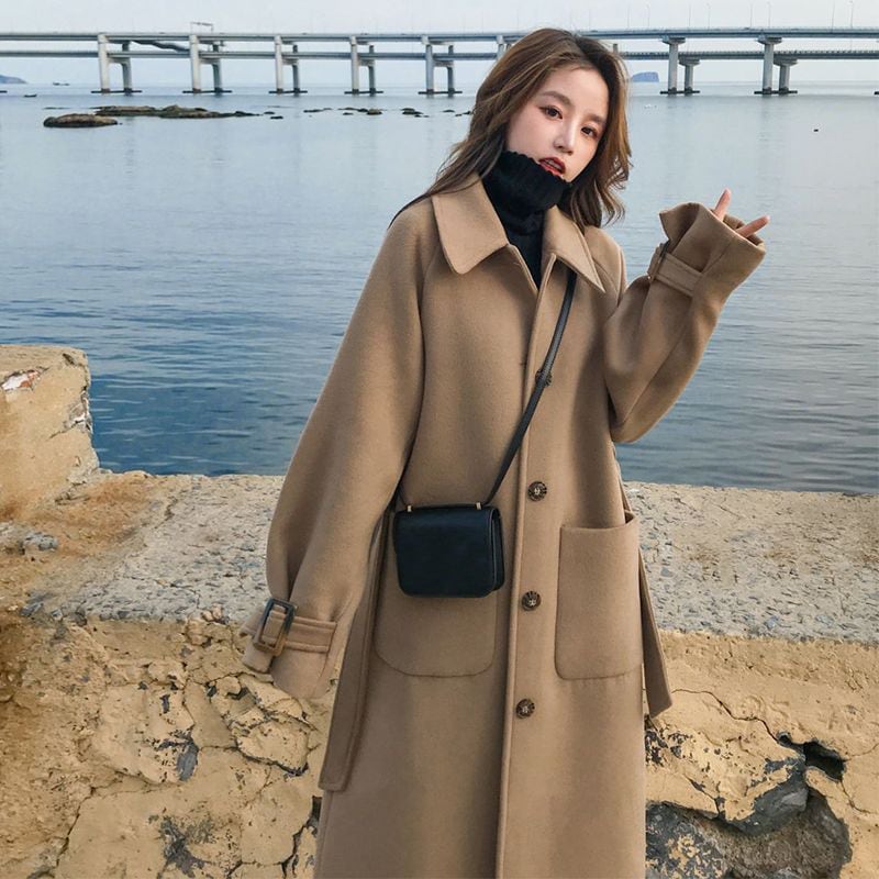 韓国ファッション レディース ラシャコート ロング トレンチコート アウター 上品 着痩せ ベルト付き