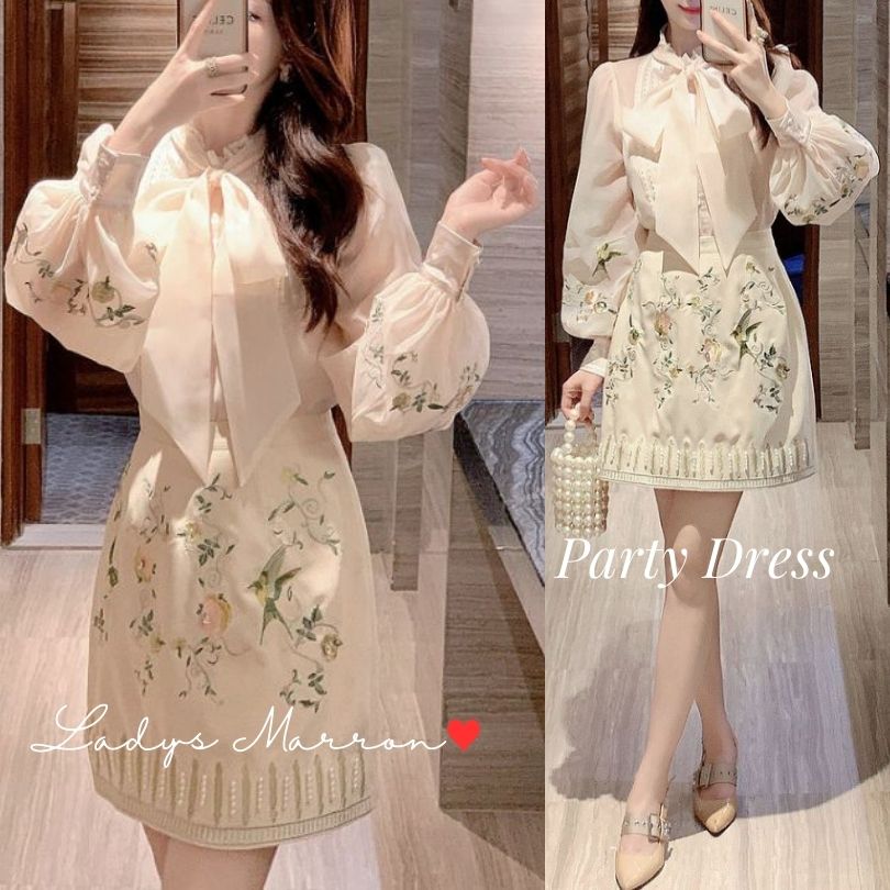 新品登場 タイトドレス お呼ばれドレス 結婚式 白パーティードレス ブラウスドレス ボウタイブラウス パーティードレス 20代 30代 刺繍 オシャレドレス ドレス かわいいドレス 韓国 セットアップ