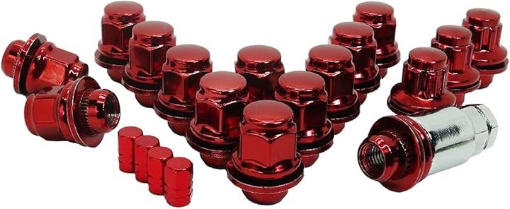 日産 純正 ホイール用 平面座 カラー ロックナットセット ギアロック 21HEX M12xP1.25 ショート エアバルブキャップ付( 赤 ショート P1.25 4穴用 16個セット)