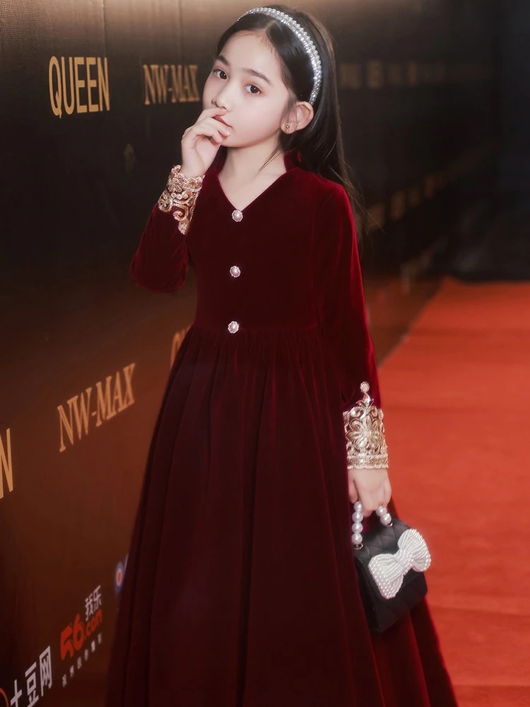 プリンセススカートガールズドレスホスト子供レッドフラワーズウェディングリトルガールピアノパフォーマンス秋と冬