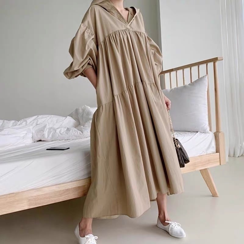 【送料無料】レディース フード リュクス パフスリーブ ロング ワンピース フレア 大人可愛い