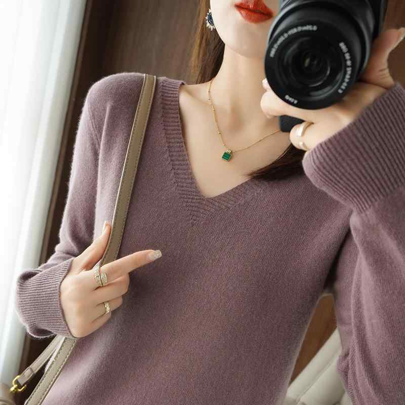 ファッション 服 オシャレ カワイイ シンプル 大カワイイ サイズ 婦服 秋 セーター Vネック プルオーバー スリム ニット シャツ