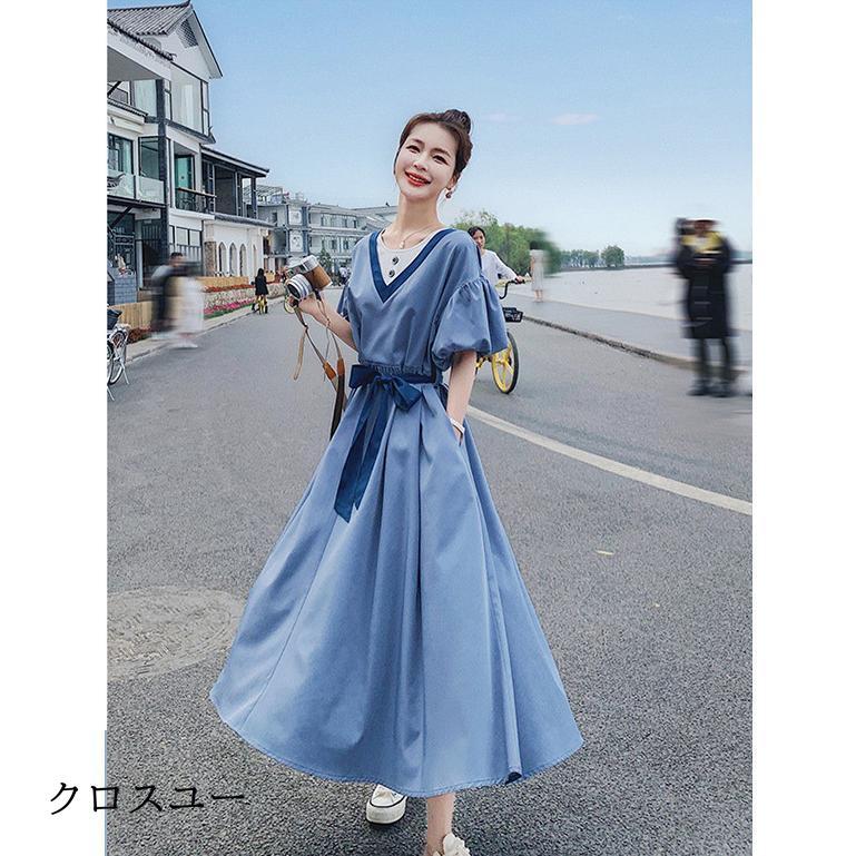 ワンピース レディース 40代 きれいめ 夏 マキシワンピース 半袖 ワンピース リボン 配色 ロング丈 ドレス 韓国風 オシャレ 通勤 大人 上品 着痩せ