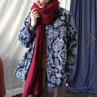 オリジナル青花磁器製製バックル厚保温綿入れレトロゆったり冬用綿入れジャケット